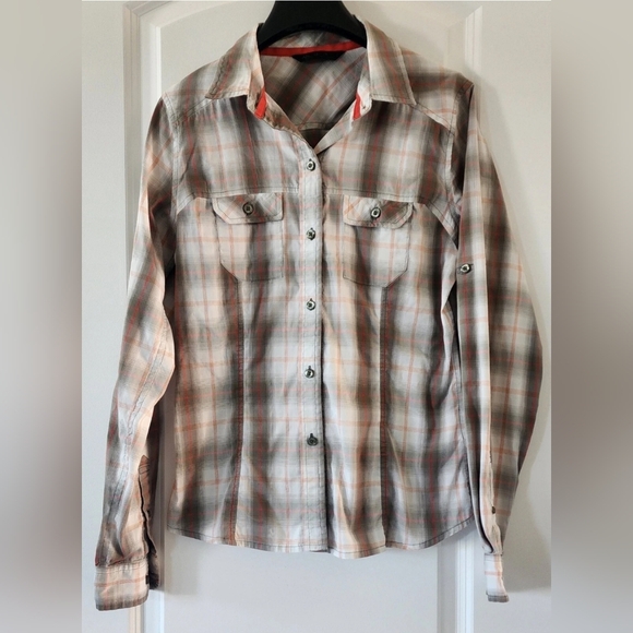 ArcTeryx Shirt Womens Medium‎ Long Sleeve Gray Orange Plaid Button Up Pockets - Picture 1 of 6